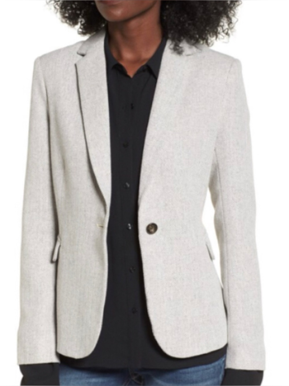 Mural Herringbone Single-Button Tailored Blazer Size Large in Light Grey & White